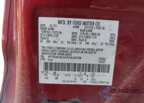 2015 Ford F-150 Platinum z USA, uszkodzony, nr VIN 1FTEW1EG1FFA33756